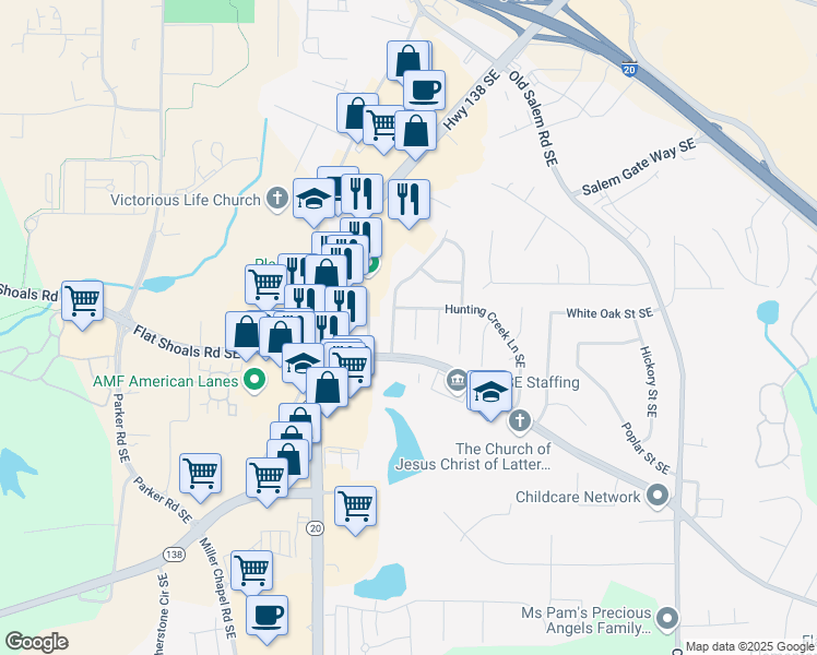 map of restaurants, bars, coffee shops, grocery stores, and more near 1747 Ridge Court Southeast in Conyers