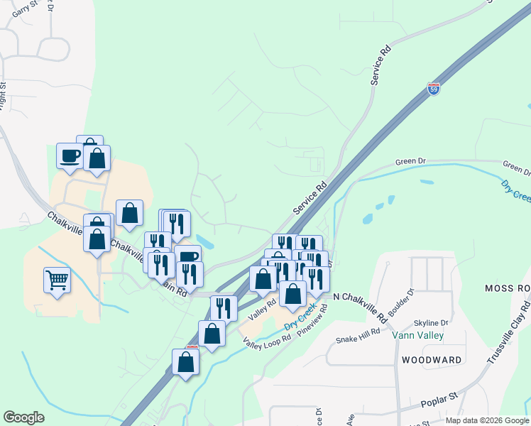 map of restaurants, bars, coffee shops, grocery stores, and more near 6032 Service Road in Birmingham