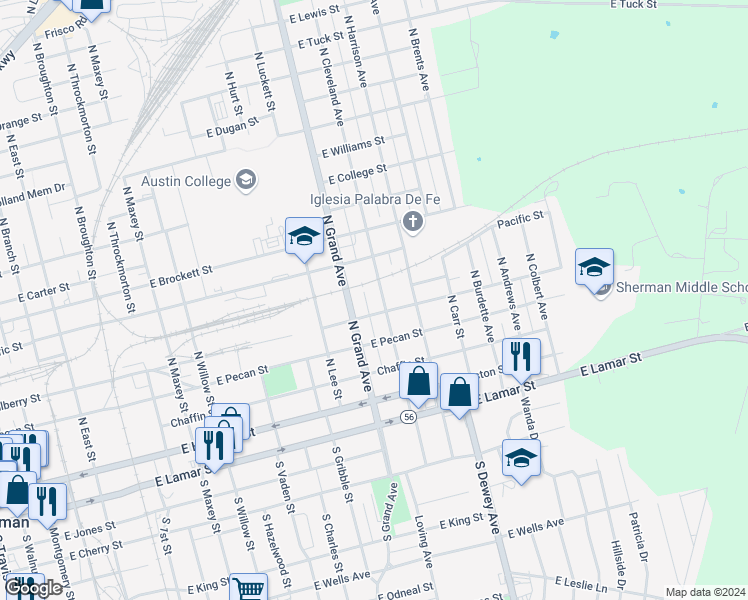 map of restaurants, bars, coffee shops, grocery stores, and more near 404 406 N Cleveland in Sherman