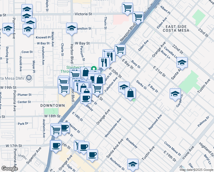 map of restaurants, bars, coffee shops, grocery stores, and more near 1947 Fullerton Avenue in Costa Mesa