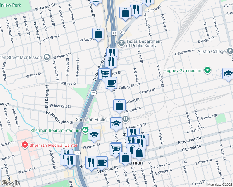 map of restaurants, bars, coffee shops, grocery stores, and more near 810 North Walnut Street in Sherman