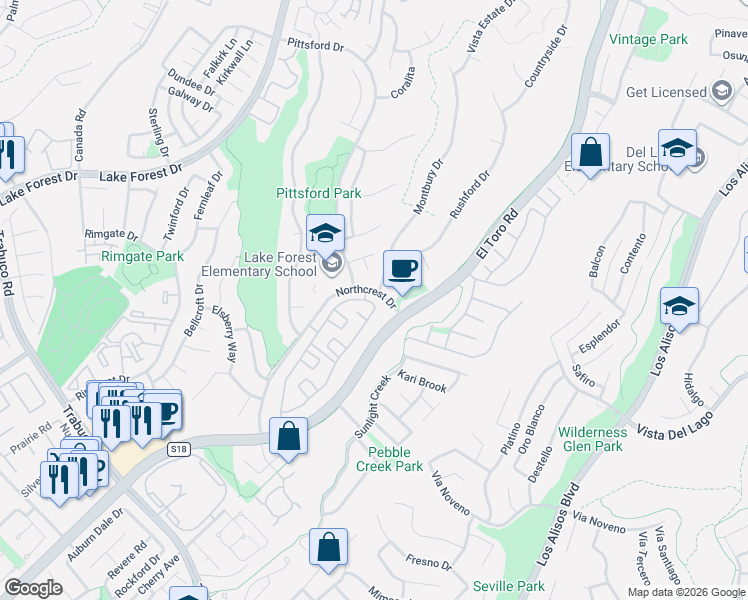 map of restaurants, bars, coffee shops, grocery stores, and more near 22006 Summit Hill Drive in Lake Forest