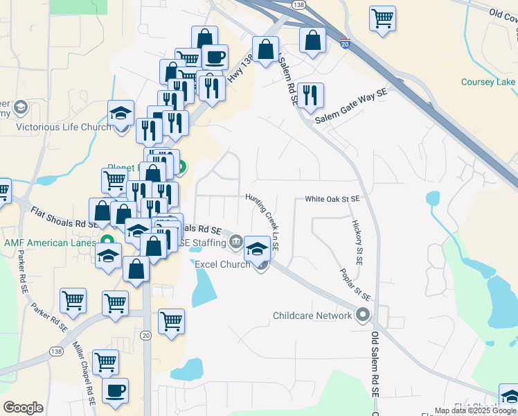 map of restaurants, bars, coffee shops, grocery stores, and more near 1755 Big Horn Court Southeast in Conyers