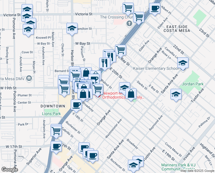 map of restaurants, bars, coffee shops, grocery stores, and more near 1947 Fullerton Avenue in Costa Mesa