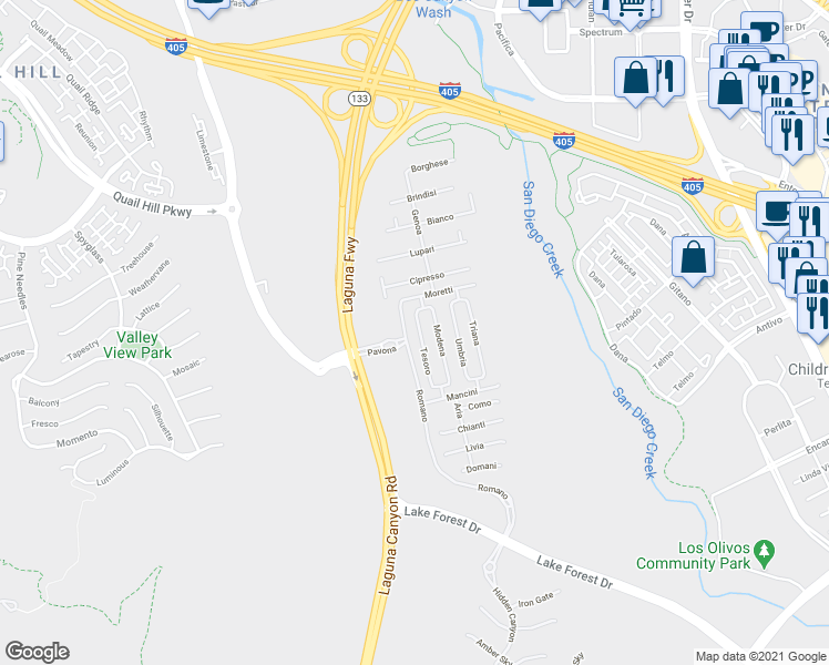 map of restaurants, bars, coffee shops, grocery stores, and more near 58 Tesoro in Irvine