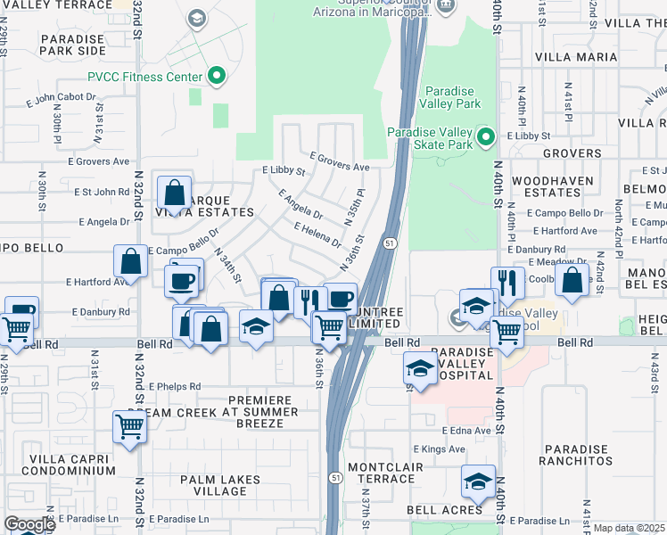 map of restaurants, bars, coffee shops, grocery stores, and more near 17403 North 36th Street in Phoenix