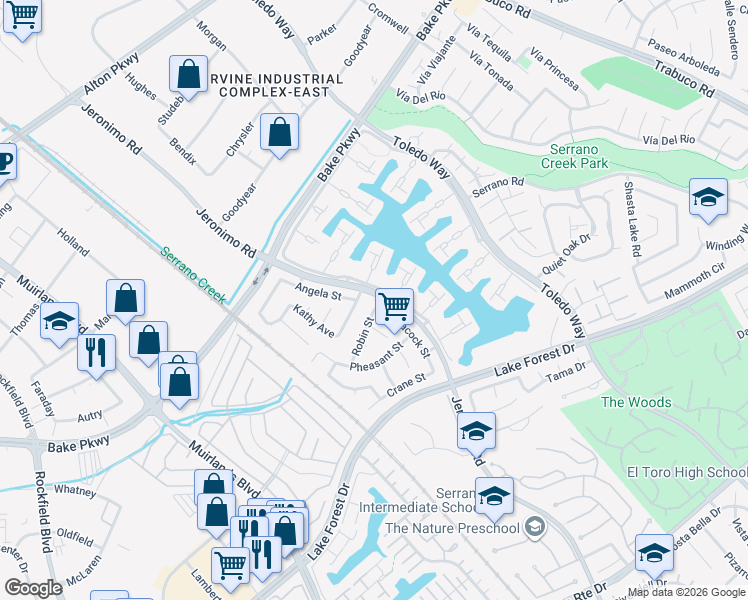 map of restaurants, bars, coffee shops, grocery stores, and more near 24311 Peacock Street in Lake Forest