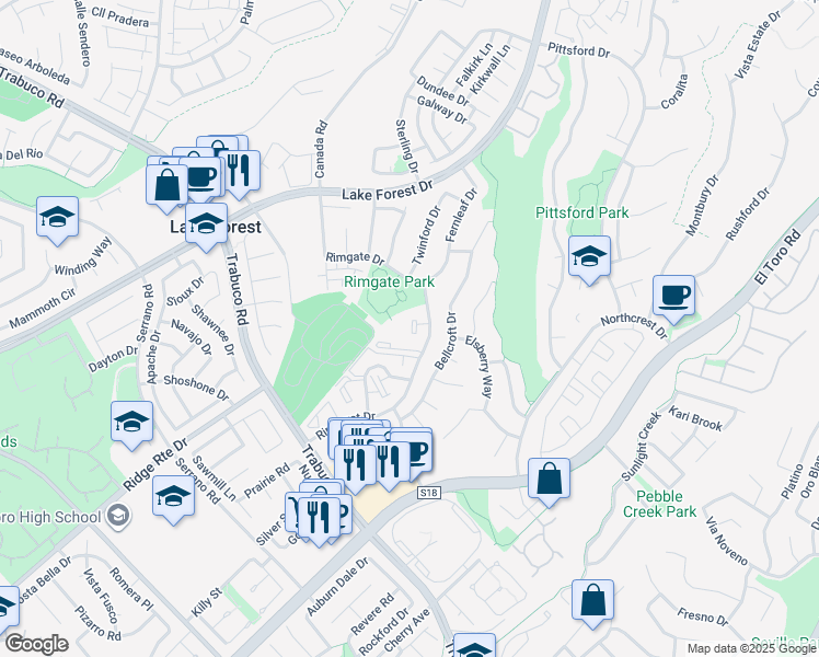 map of restaurants, bars, coffee shops, grocery stores, and more near 21921 Rimhurst Drive in Lake Forest