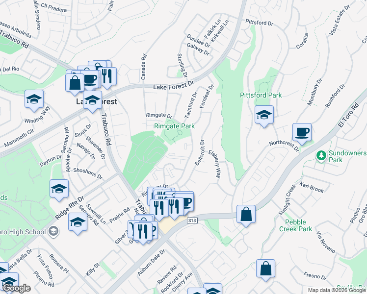 map of restaurants, bars, coffee shops, grocery stores, and more near Rimhurst Drive in Lake Forest