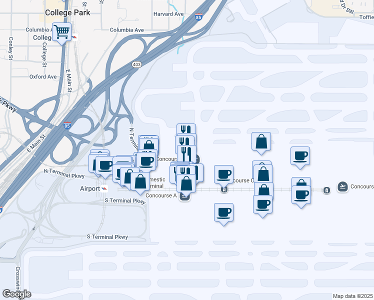map of restaurants, bars, coffee shops, grocery stores, and more near 6000 North Terminal Parkway in Atlanta