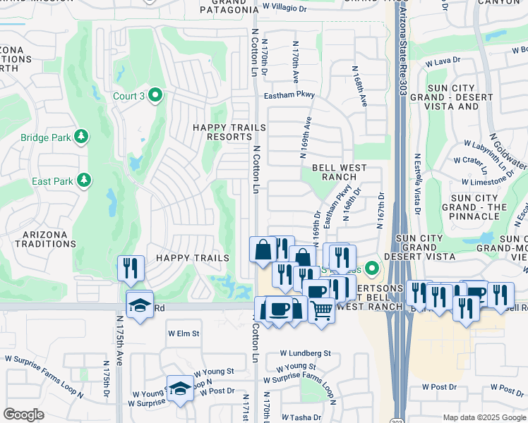 map of restaurants, bars, coffee shops, grocery stores, and more near 17534 North 170th Lane in Surprise