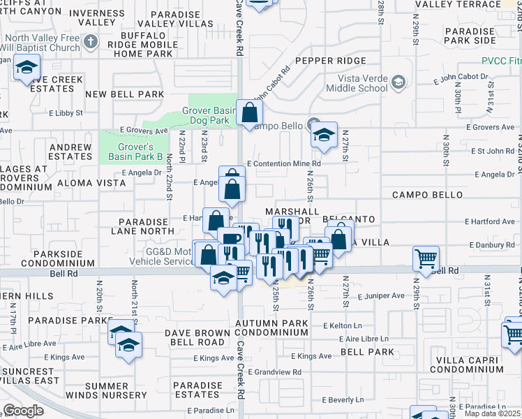 map of restaurants, bars, coffee shops, grocery stores, and more near 17365 North Cave Creek Road in Phoenix