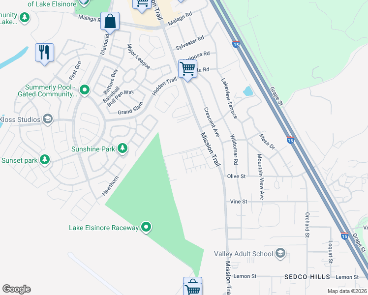 map of restaurants, bars, coffee shops, grocery stores, and more near 32665 Mission Trail in Lake Elsinore