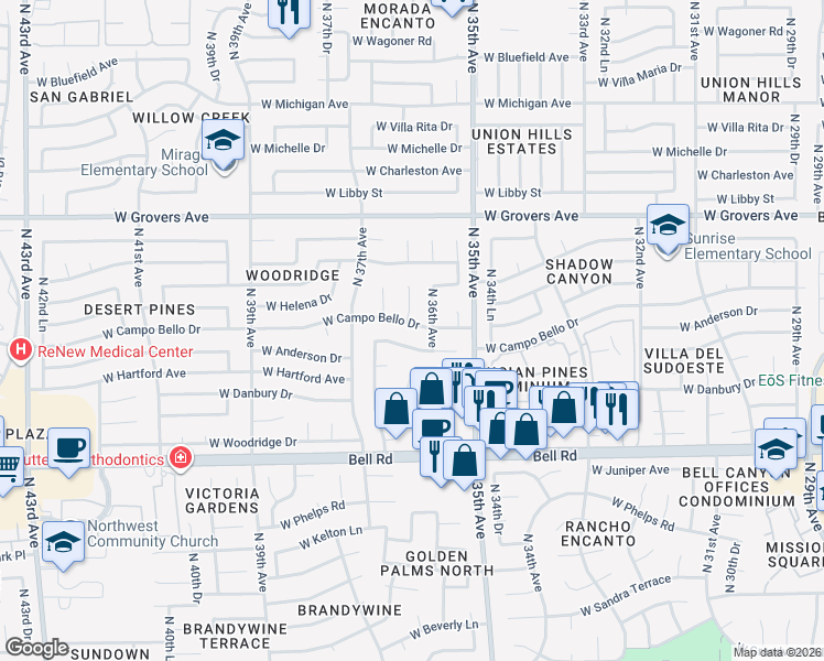 map of restaurants, bars, coffee shops, grocery stores, and more near 3620 West Anderson Drive in Glendale