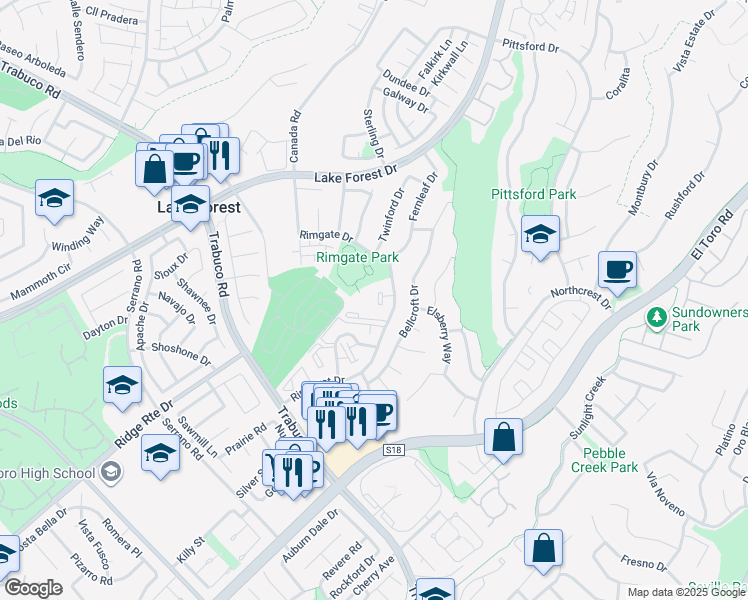 map of restaurants, bars, coffee shops, grocery stores, and more near 21951 Rimhurst Drive in Lake Forest