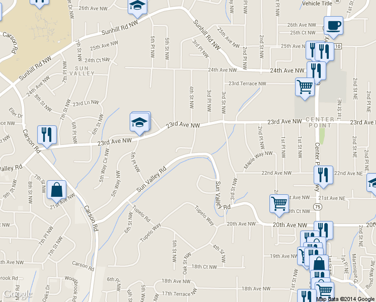 map of restaurants, bars, coffee shops, grocery stores, and more near 401 Sun Valley Court Northwest in Center Point