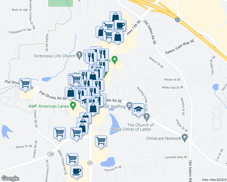 map of restaurants, bars, coffee shops, grocery stores, and more near 1739 Hunting Creek Drive Southeast in Conyers