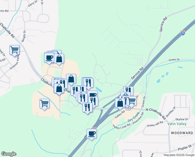 map of restaurants, bars, coffee shops, grocery stores, and more near 6415 Misty Ridge Drive in Birmingham