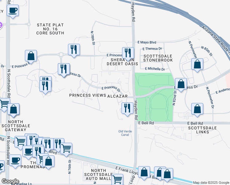 map of restaurants, bars, coffee shops, grocery stores, and more near 7902 East Campo Bello Drive in Scottsdale
