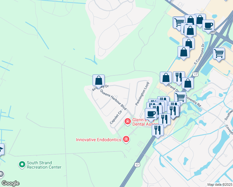 map of restaurants, bars, coffee shops, grocery stores, and more near 3500 Queens Harbour Boulevard in Myrtle Beach