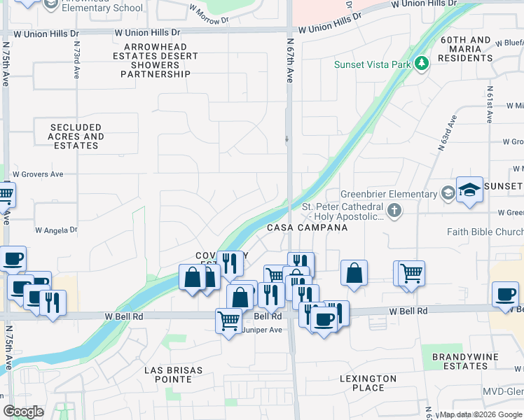 map of restaurants, bars, coffee shops, grocery stores, and more near 6781 West Angela Drive in Glendale