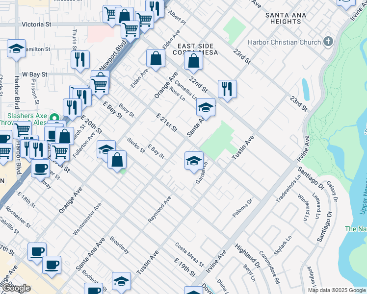 map of restaurants, bars, coffee shops, grocery stores, and more near 2078 Santa Ana Avenue in Costa Mesa
