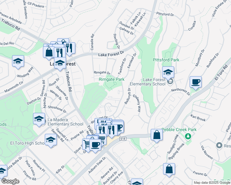 map of restaurants, bars, coffee shops, grocery stores, and more near 21951 Rimhurst Drive in Lake Forest