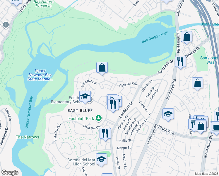 map of restaurants, bars, coffee shops, grocery stores, and more near 410 Vista Suerte in Newport Beach