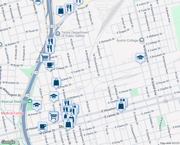 map of restaurants, bars, coffee shops, grocery stores, and more near 602 East Brockett Street in Sherman