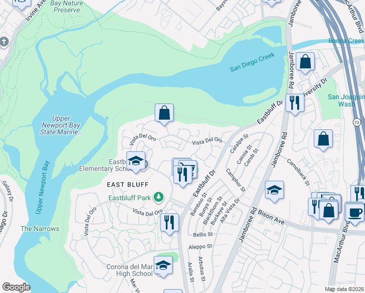map of restaurants, bars, coffee shops, grocery stores, and more near 428 Vista Suerte in Newport Beach