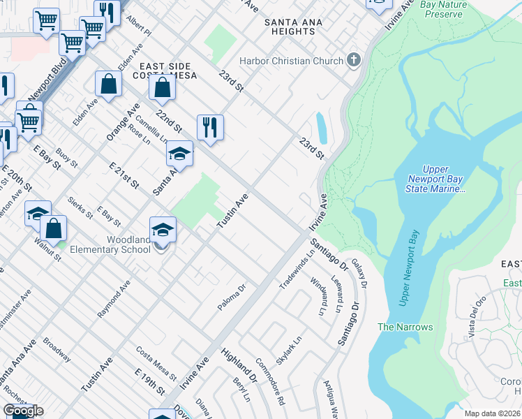 map of restaurants, bars, coffee shops, grocery stores, and more near 2401 Santiago Drive in Newport Beach