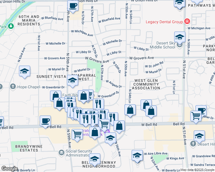 map of restaurants, bars, coffee shops, grocery stores, and more near 5620 West Campo Bello Drive in Glendale