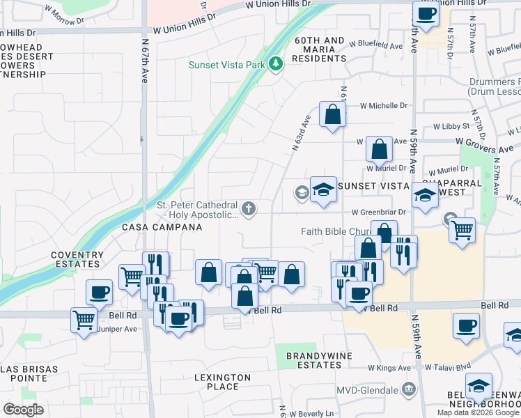 map of restaurants, bars, coffee shops, grocery stores, and more near 6302 West Greenbriar Drive in Glendale