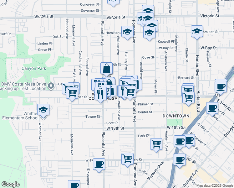 map of restaurants, bars, coffee shops, grocery stores, and more near 752 West 19th Street in Costa Mesa