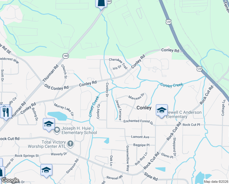 map of restaurants, bars, coffee shops, grocery stores, and more near 4072 Conley Drive in Conley