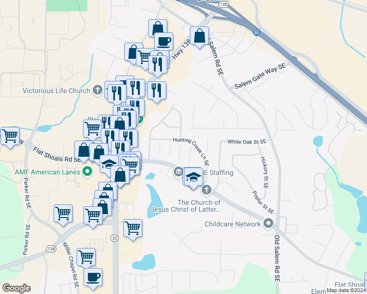 map of restaurants, bars, coffee shops, grocery stores, and more near 1729 Bob White Lane Southeast in Conyers