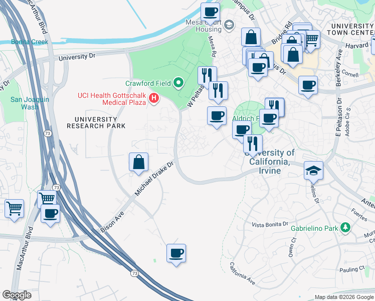 map of restaurants, bars, coffee shops, grocery stores, and more near 1013 West Peltason Drive in Irvine
