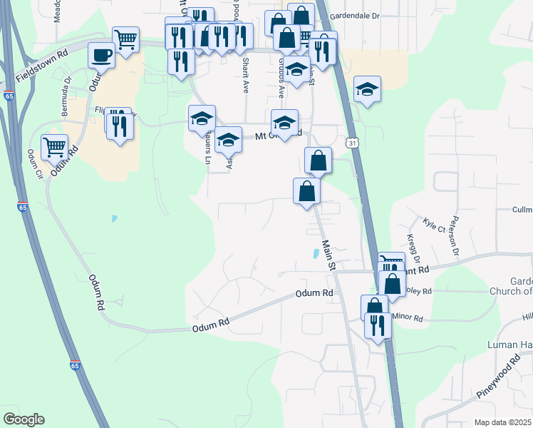 map of restaurants, bars, coffee shops, grocery stores, and more near 4272 Lochshire Lane in Gardendale