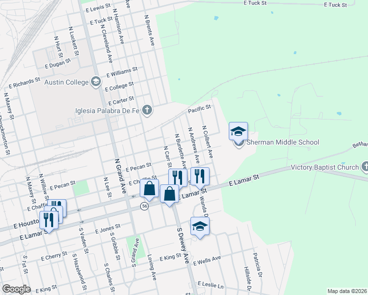map of restaurants, bars, coffee shops, grocery stores, and more near 307 North Burdette Avenue in Sherman