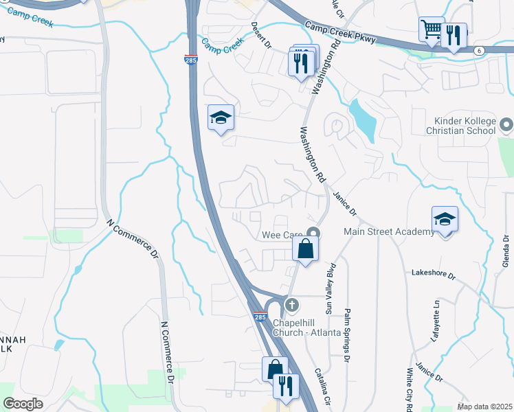 map of restaurants, bars, coffee shops, grocery stores, and more near 4361 Carriage House Court Southwest in East Point