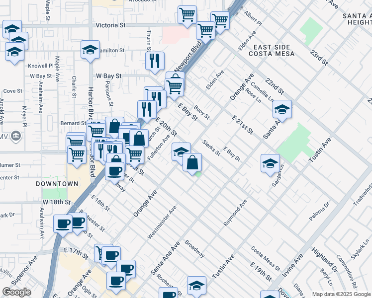map of restaurants, bars, coffee shops, grocery stores, and more near 1998 Orange Avenue in Costa Mesa