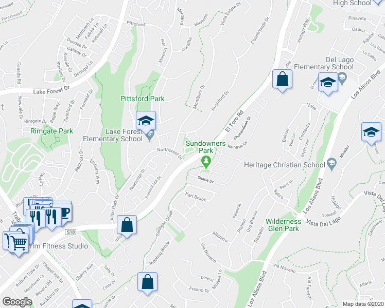 map of restaurants, bars, coffee shops, grocery stores, and more near 21991 El Toro Road in Lake Forest