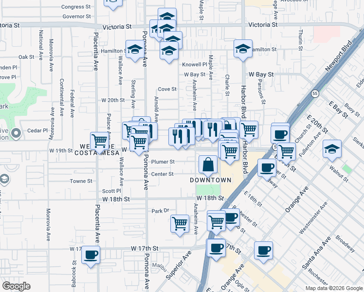 map of restaurants, bars, coffee shops, grocery stores, and more near 620 West 19th Street in Costa Mesa