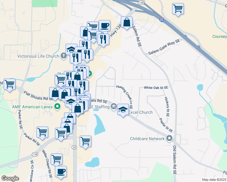 map of restaurants, bars, coffee shops, grocery stores, and more near 1736 Bob White Lane Southeast in Conyers