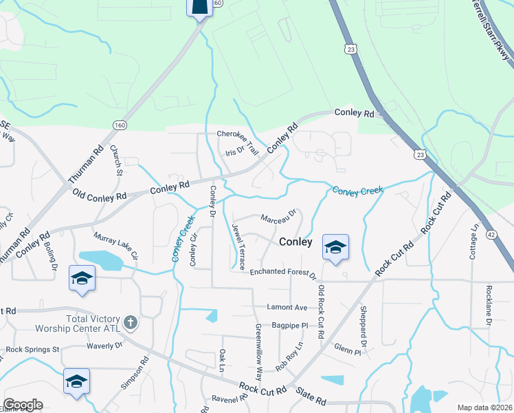 map of restaurants, bars, coffee shops, grocery stores, and more near 1574 Marceau Drive in Conley