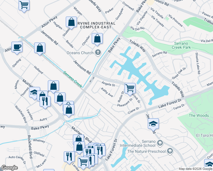 map of restaurants, bars, coffee shops, grocery stores, and more near 21981 Hoi Circle in Lake Forest