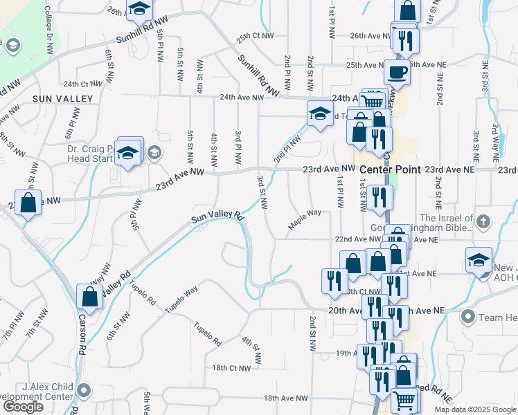 map of restaurants, bars, coffee shops, grocery stores, and more near 2221 3rd Street Northwest in Center Point
