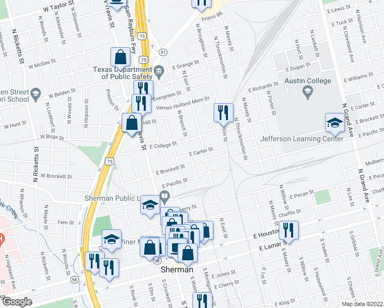 map of restaurants, bars, coffee shops, grocery stores, and more near 410 East Carter Street in Sherman