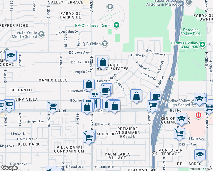 map of restaurants, bars, coffee shops, grocery stores, and more near 3318 East Anderson Drive in Phoenix