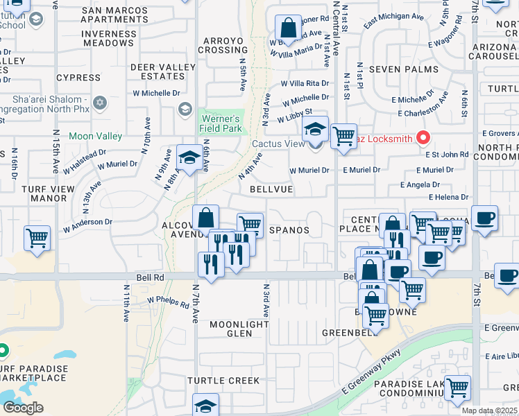 map of restaurants, bars, coffee shops, grocery stores, and more near 238 West Campo Bello Drive in Phoenix